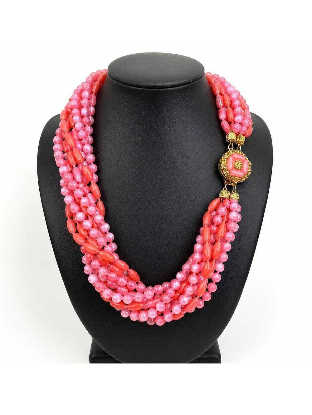 Vintage Pink Lucite Multi-Strand Necklace โ Mid-Century Statement Beaded Jewelry